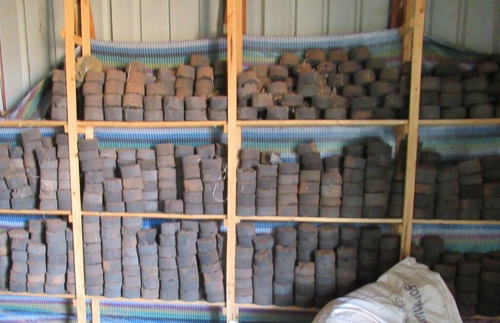 Charcoal briquettes made from waste material stacked in store, Dollo Ado