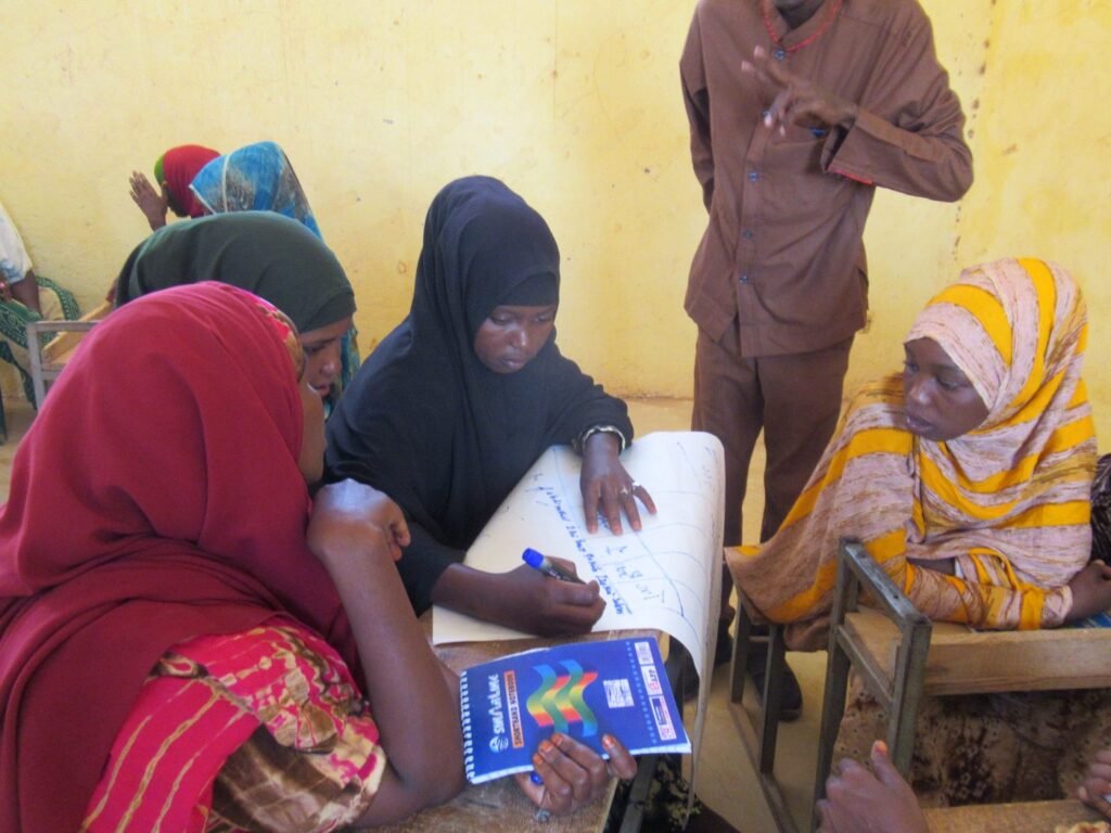 A group of women and a facilitator gather around a flip chart during a livelihoods training session.